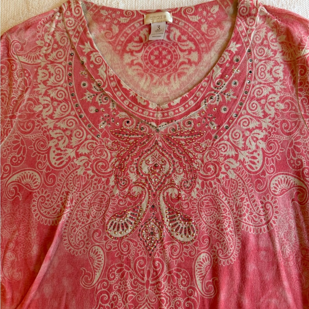 Chico's Pink Embellished Graphic Blouse long‎ sleeve